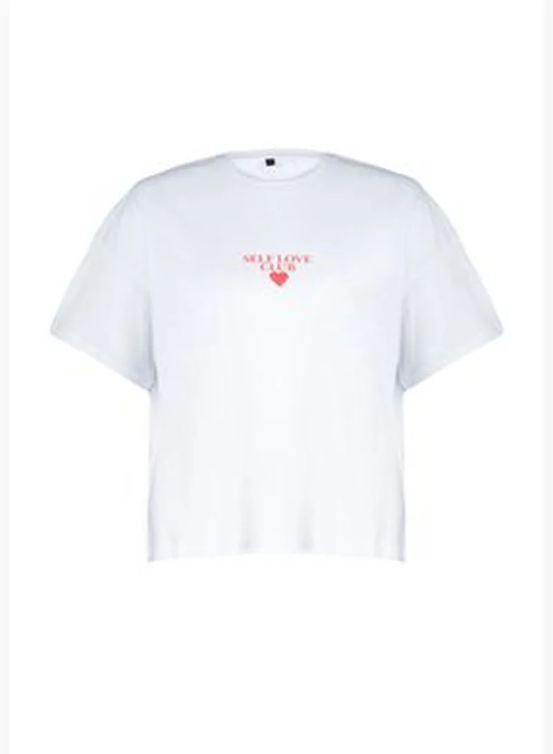 trendyol White Printed Oversize Knitted T-shirt TBBSS24BF00011