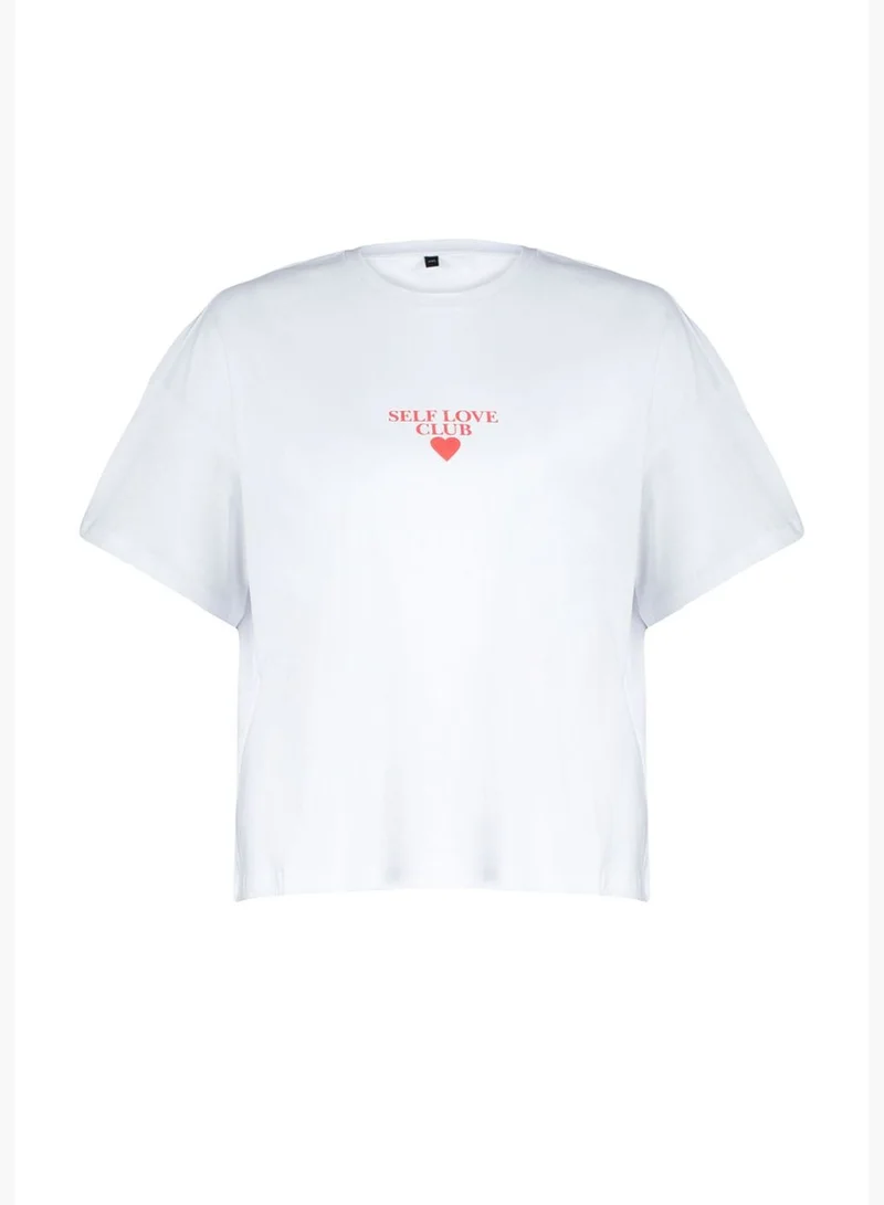 trendyol White Printed Oversize Knitted T-shirt TBBSS24BF00011