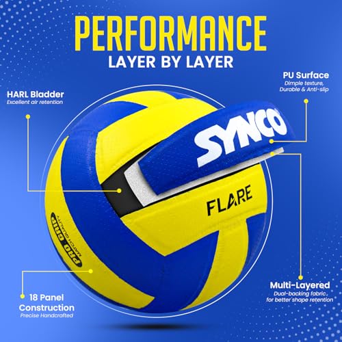 Synco Flare Volleyball | Pro Club Match Volleyball | Soft Touch PU Pasted 18 Panel Ball | Water Resistant, Anti-Slip, Durable Build | Indoor & Outdoor Play | Tournament Grade | Size 4 - Image 5