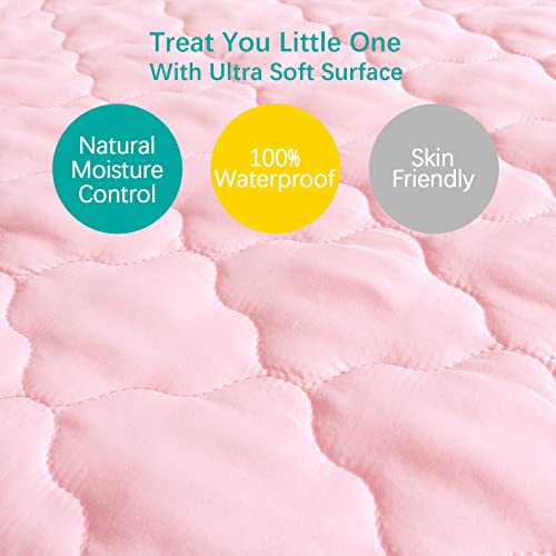 Biloban Mini Crib Mattress Protector Sheets Fitted Waterproof Mini Crib Mattress Pad Cover, Noiseless & Machine Wash 100% Absorbent Mini Crib Mattress Protector Sheet Quilted, Pink, 38" x 24" - Image 5
