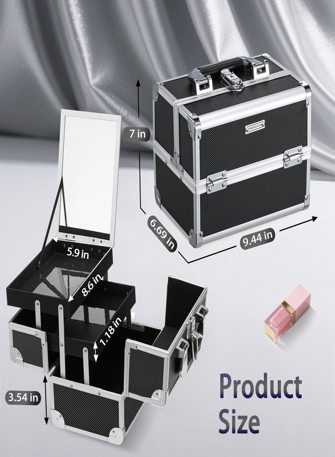 FRENESSA Makeup Case Organizer Cosmetic Box Storage Portable Makeup Train Case with Mirror 2 Trays Travel Vanity Box for Cosmetics Nail Kits Craft Tools Case Aluminum Hard Make Up Organizer Black - Image 5