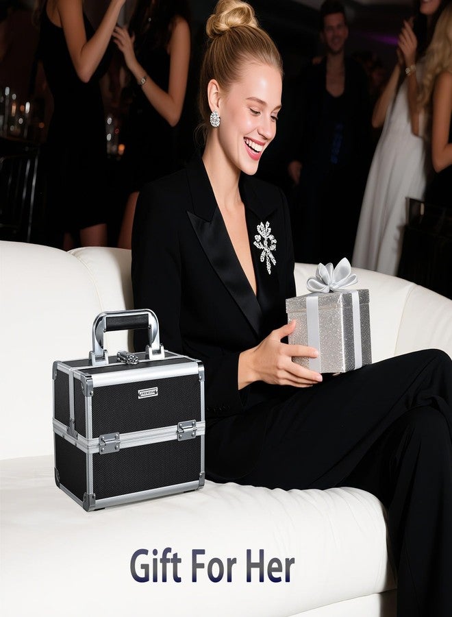 FRENESSA Makeup Case Organizer Cosmetic Box Storage Portable Makeup Train Case with Mirror 2 Trays Travel Vanity Box for Cosmetics Nail Kits Craft Tools Case Aluminum Hard Make Up Organizer Black - Image 2