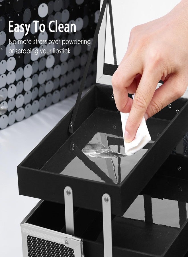 FRENESSA Makeup Case Organizer Cosmetic Box Storage Portable Makeup Train Case with Mirror 2 Trays Travel Vanity Box for Cosmetics Nail Kits Craft Tools Case Aluminum Hard Make Up Organizer Black - Image 4