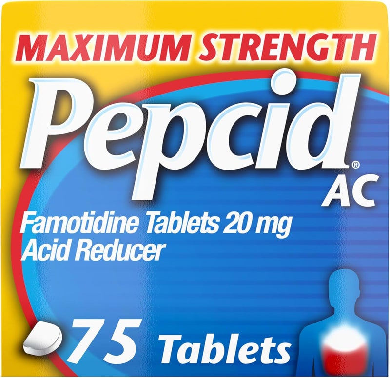 Pepcid أقراص AC لتخفيف حرقة المعدة بحد أقصى، دواء بدون وصفة طبية يمنع ويخفف حرقة المعدة وارتجاع الحمض بسبب عسر الهضم الحمضي، 20 ملغ فاموتيدين مخفض للحمض، سريع المفعول، 75 حبة - Image 1