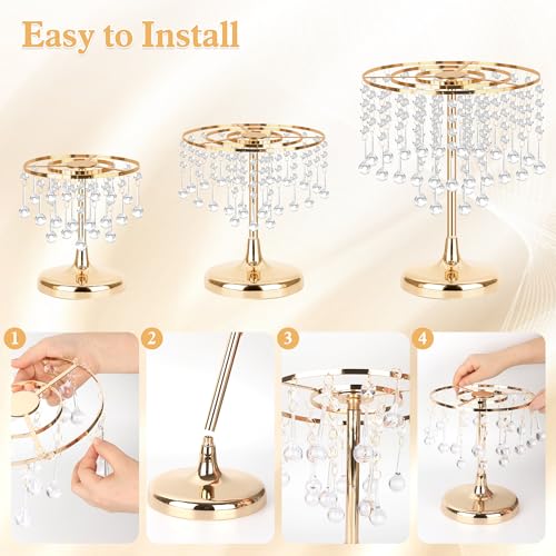 AFOLOREET 6 Pcs Crystal Gold Cake Stand with Elegant Pendant -Round Metal Dessert Cake Holders, Cupcake Stand for Birthday, Anniversary, Baby Shower Party (2S+2M+2L) - Image 5