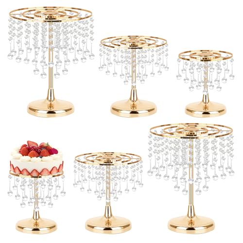 AFOLOREET 6 Pcs Crystal Gold Cake Stand with Elegant Pendant -Round Metal Dessert Cake Holders, Cupcake Stand for Birthday, Anniversary, Baby Shower Party (2S+2M+2L) - Image 1