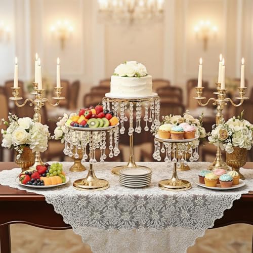 AFOLOREET 6 Pcs Crystal Gold Cake Stand with Elegant Pendant -Round Metal Dessert Cake Holders, Cupcake Stand for Birthday, Anniversary, Baby Shower Party (2S+2M+2L) - Image 3