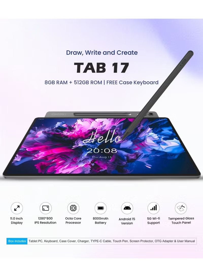 TIGER TAB 17 Android Tablet 11-inch Display, 8GB RAM, 512GB Storage, 8000mAh Battery, Fast 5GHz WiFi, Keyboard Case & Stylus Included, High-Performance Tablet for Work, Study, Gaming & Streaming - Grey - Image 4
