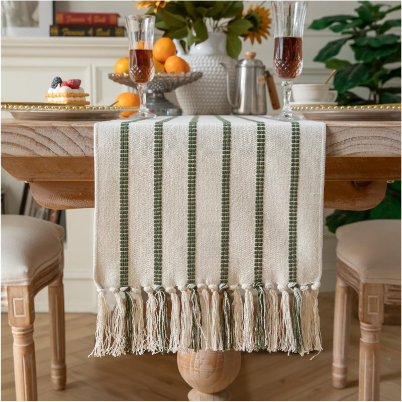 Caflife Boho Table Runner 90 Inchs Long Green and Beige, Cotton and Linen Woven with Tassels, for Modern Rustic Farmhouse Neutral Table Runners, Bohemian Kitchen Dining Table Home Decor - Image 1