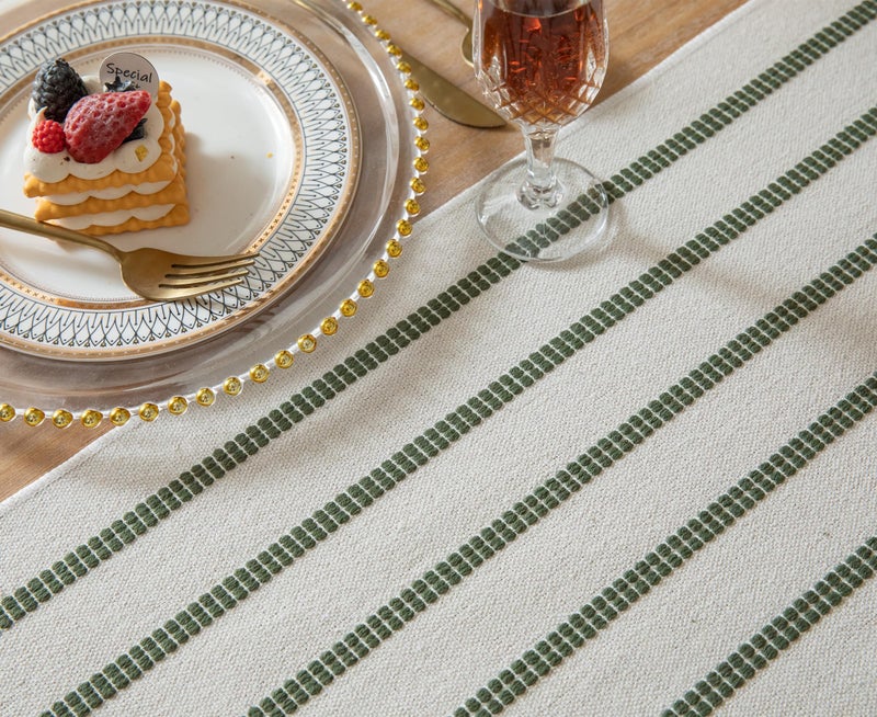 Caflife Boho Table Runner 90 Inchs Long Green and Beige, Cotton and Linen Woven with Tassels, for Modern Rustic Farmhouse Neutral Table Runners, Bohemian Kitchen Dining Table Home Decor - Image 4