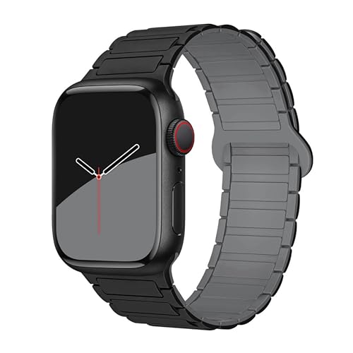 GUOi® Magnetic Silicone Watchband Compatible with Apple Watch Ultra 2＆Ultra 49mm 45mm 44mm 42mm 46mm-Men&Women Strap for iWatch Se10/9/8/7/6/5/4/3/2/1 SE 46/44/45/49/42mm(Series 3/2/1)-Black+Grey - Image 1