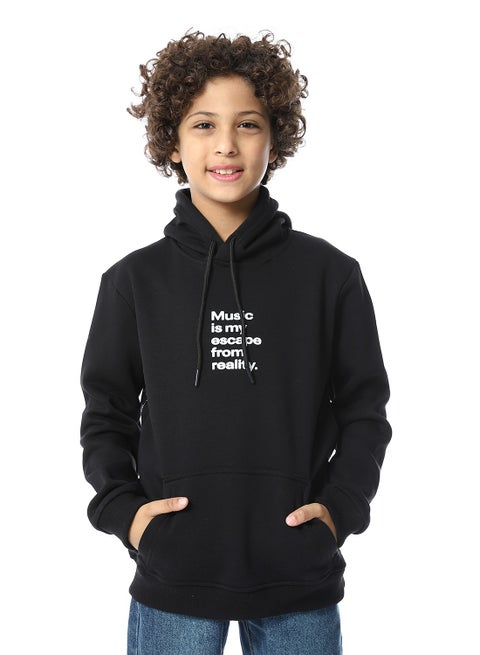 Printed Slip On Fleeced Boys Hoodie_Heather Black