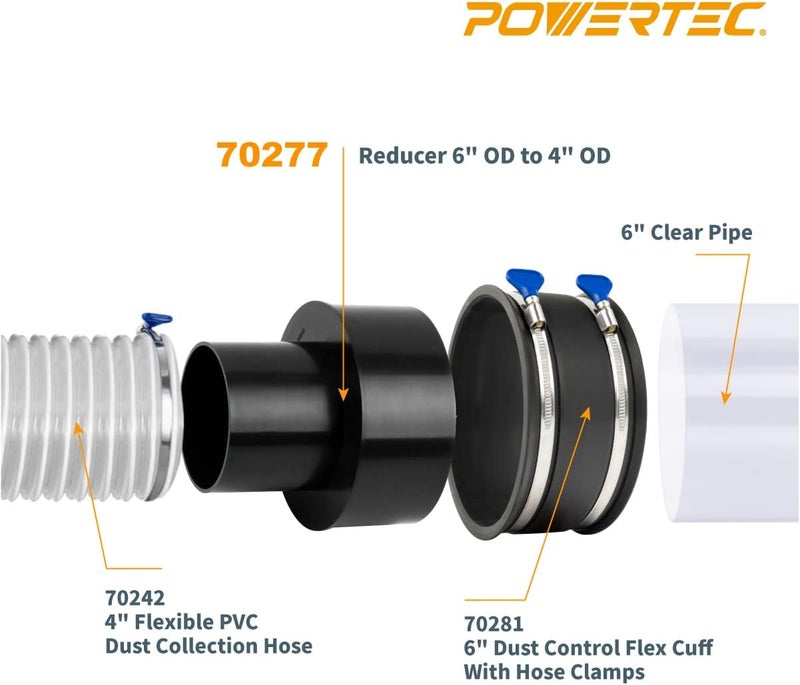 POWERTEC 70277 مخفض جمع الغبار، 6 بوصة OD إلى 4 بوصة OD، أسود - Image 5