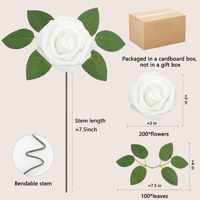 WANTMAZOR 200PCS Artificial Flowers White Roses Real Looking Foam Fake Roses with Leaves and for DIY Wedding Bouquets Bridal Shower Centerpieces Party Decorations (White, 200) - Image 2