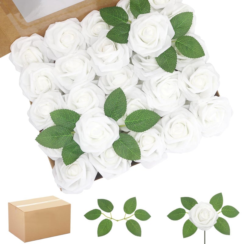 WANTMAZOR 200PCS Artificial Flowers White Roses Real Looking Foam Fake Roses with Leaves and for DIY Wedding Bouquets Bridal Shower Centerpieces Party Decorations (White, 200) - Image 1
