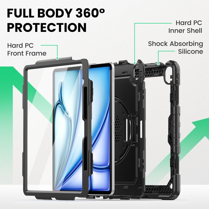 SEYMAC for iPad Air 13 Inch Case M4 / M3 / M2 (2026/2025 / 2024), Heavy Duty Shockproof Protective Case with Screen Protector, 360Â° Rotating Stand, Hand/Shoulder Strap and Pen Holder, Black - Image 5