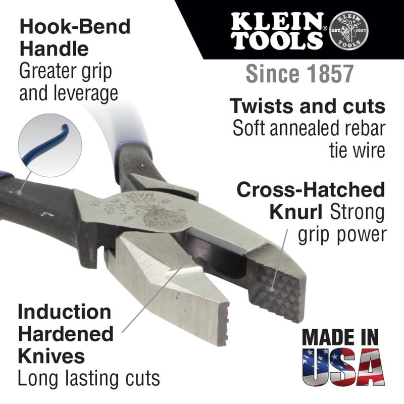 Klein Tools 94508 Pliers Set, Made in USA, Ironworker's Diagonal Cutting Pliers and Heavy Duty Side Cutters, Tie Wire Cutter for Rebar Work, 2-Piece Kit - Image 2