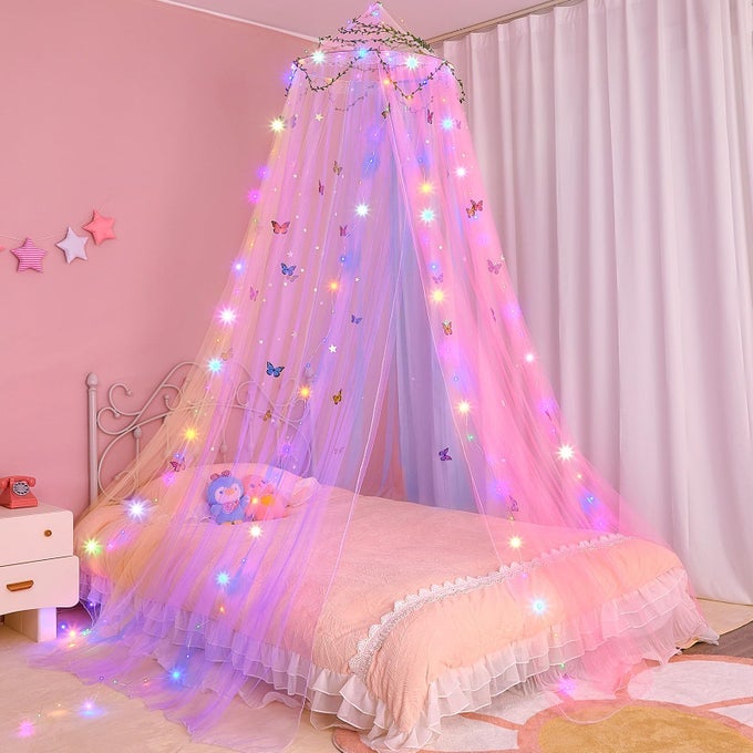 BED CANOPY FOR GIRLS ROOM BED CANOPY CURTAINS WITH LED LIGHTS MOSQUITO NET DIY PRINCESS ROOM DCOR WITH STARS BUTTERFLIES FOR KIDS BEDROOM RAINBOW