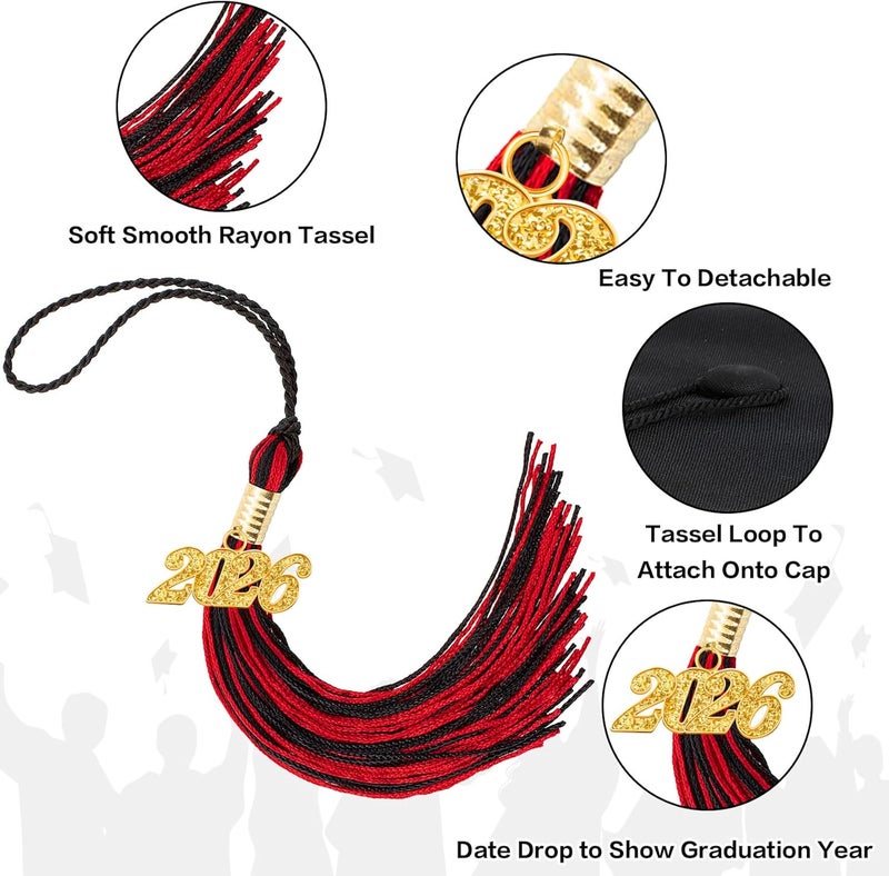 RHOttbiy 2026 Graduation Tassel, 2026 Tassel Graduation, 2026 Tassels for Graduations Cap with 2026 Year Gold Charms for Graduate Cap,Black Red Graduations Tassels for Class of 2026 Grad Ceremonies Accessories - Image 4