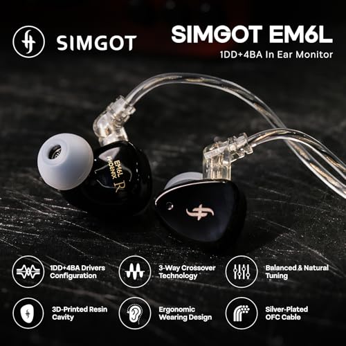 Linsoul SIMGOT EM6L 1DD + 4BA Hybrid Driver in-Ear Monitor, Gaming Earbud, HiFi IEM Earphone with 3D-Printed Resin Housing, Detachable OFC Silver-Plated Cable for Musician Audiophile - Image 2