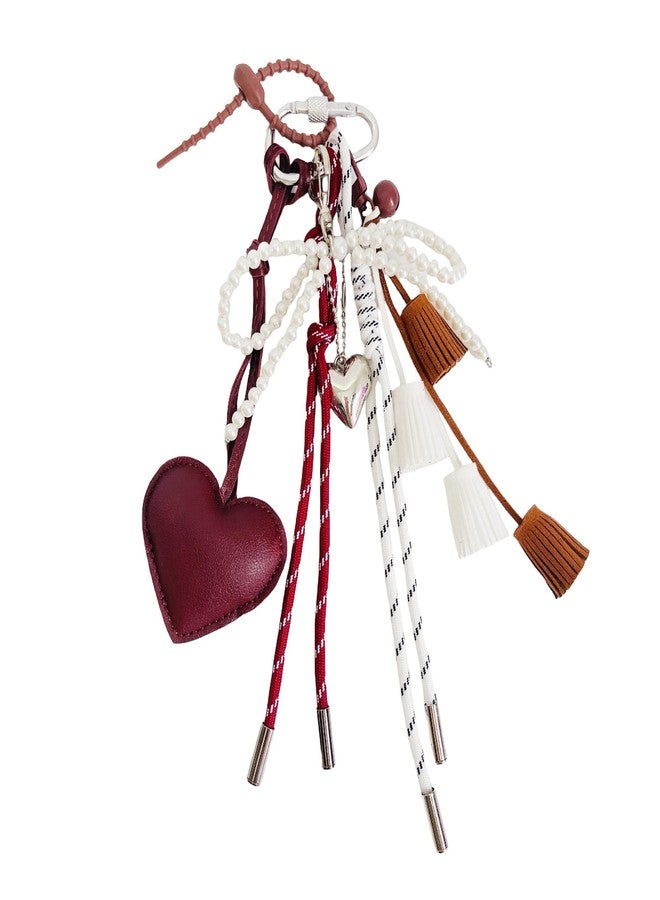 QTKJ Red Tassels, Bow and Hearts Hand-Woven Nylon Rope Keychain, Fashions Bag Charm, Aesthetic Keychain, Bag Accessories Charms for Handbag, Backpack - Image 1