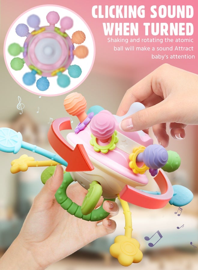 سوفت تاتش لعبة تسنين للأطفال مع مقبض، لعبة مونتيسوري الحسية، لعبة تعليمية تعليمية للأطفال الصغار، لعبة خيط سحب من السيليكون للأطفال، لعبة مضغ للأطفال، لعبة خشخيشة للأطفال للأولاد والبنات (وردي) - Image 5