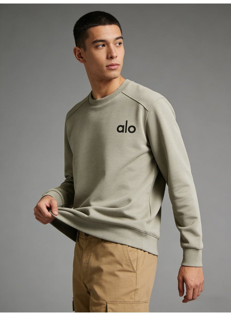 Alo World unisex khaki round neck sweatshirt - soft cotton blend pullover with minimalist logo, suitable for casual and sports casual wear - Image 1