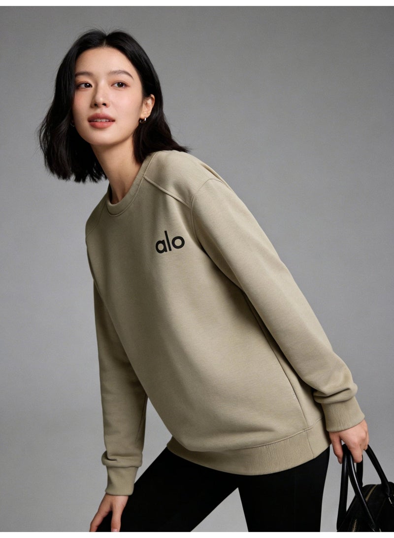 Alo World unisex khaki round neck sweatshirt - soft cotton blend pullover with minimalist logo, suitable for casual and sports casual wear - Image 5