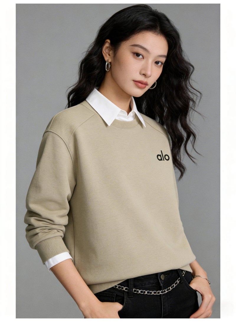 Alo World unisex khaki round neck sweatshirt - soft cotton blend pullover with minimalist logo, suitable for casual and sports casual wear - Image 2