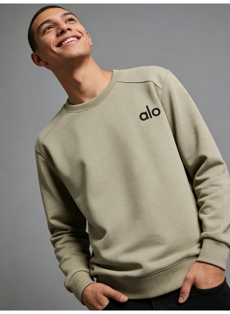 Alo World unisex khaki round neck sweatshirt - soft cotton blend pullover with minimalist logo, suitable for casual and sports casual wear - Image 4