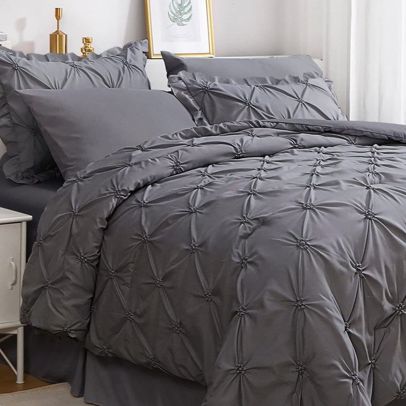 JOLLYVOGUE King Size Comforter Set 7 Pieces Pintuck Dark Grey Bed in a Bag Comforter Set for Bedroom Beddding Sets with Comforter SheetsRuffled Shams  Pillowcases