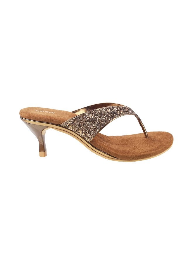 Mochi Women's Antic Gold Kitten Heel Slip On Sandals | 2 Inch Height | Synthetic Sequin Embellished Party Footwear | Lightweight Comfort | Stylish Party Festive Wear | UK 6 - Image 2