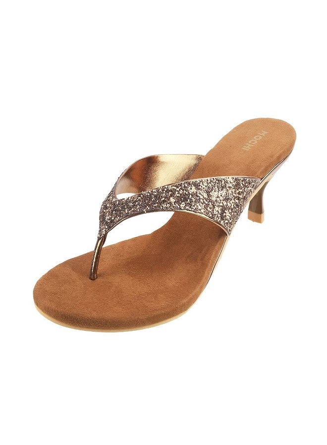Mochi Women's Antic Gold Kitten Heel Slip On Sandals | 2 Inch Height | Synthetic Sequin Embellished Party Footwear | Lightweight Comfort | Stylish Party Festive Wear | UK 6 - Image 1