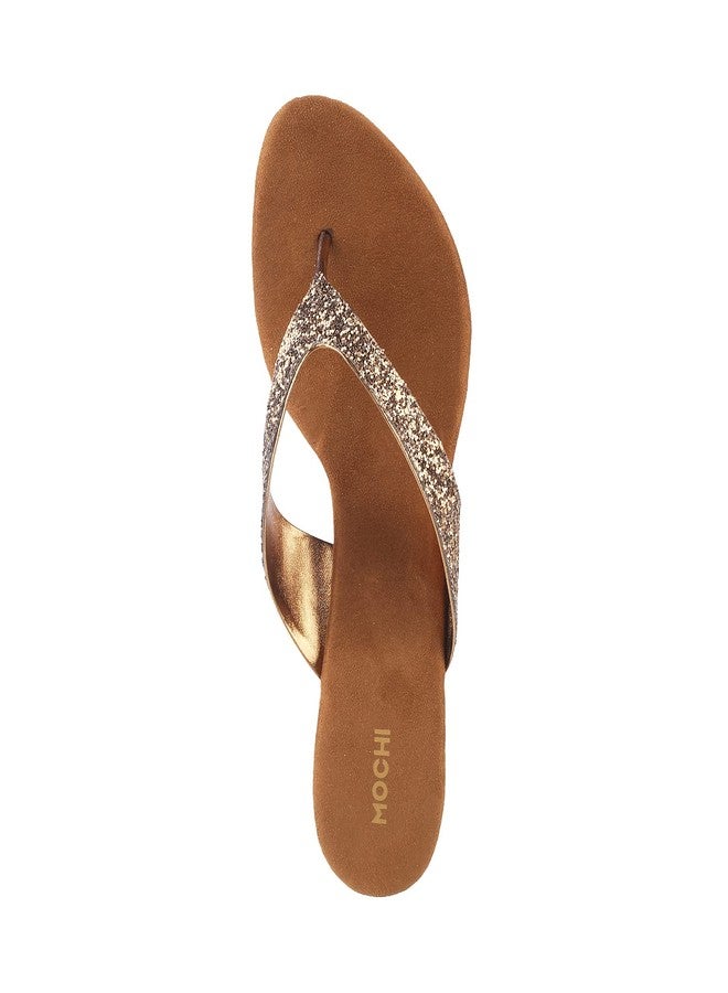 Mochi Women's Antic Gold Kitten Heel Slip On Sandals | 2 Inch Height | Synthetic Sequin Embellished Party Footwear | Lightweight Comfort | Stylish Party Festive Wear | UK 6 - Image 5