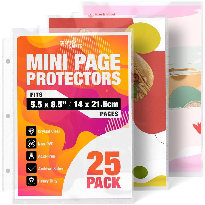 CraftSaints Half Letter 8.5x5.5â€™â€™ Pack of 25 Heavy Duty Page Sleeve Protectors for Mini 3-Ring Binders, Top Loading Crystal Clear & Archival Safe Refill Sheets, Acid-Free & Reinforced Holes - Image 1