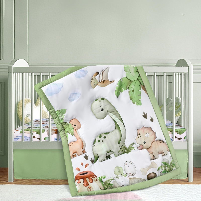 Hahafelt 3 Pcs Baby Crib Bedding Set Safari Animals Dinosaurs Bear Woodland Animals Jungle Crib Set Includes Quilt Fitted Sheet Skirt for Baby Boy GirlGreenDinosaur