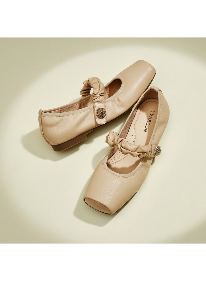 YEARCON Ballet Mary Jane [calf Leather] Spring/autumn Elegant Pig Nose Square-toe Shallow Women's Flats Casual Commuter Shoes - Image 2