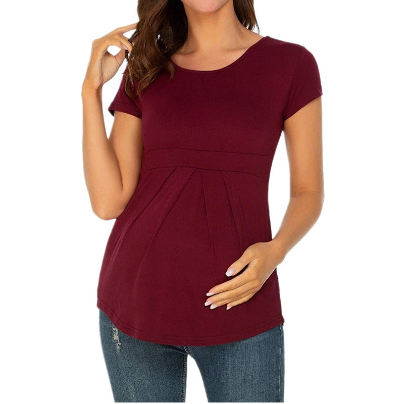 بلوزات الأمومة للنساء - قميص بأكمام قصيرة ومكشكش، بتصميم مطوي
