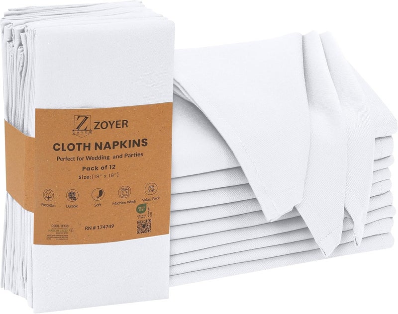Zoyer Cloth Napkins Set of 12 18x18 Inches Cotton Enrich Napkins Cloth Washable Soft  Durable Dinner Napkins for Parties Wedding Christmas Thanksgiving  Everyday Use  White - Image 1