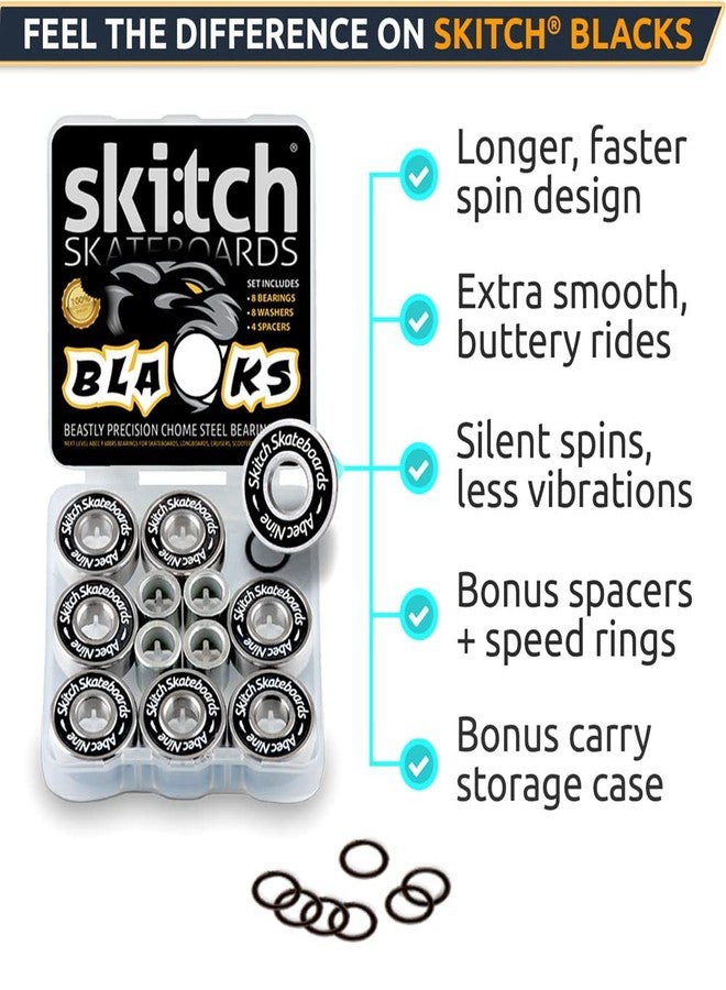 SKITCH Pro Skateboard Bearings Set - Precision Fast Spin ABEC 9 Chrome Steel Bearing Kit for Longboards, Skate Boards, Scooters and Roller Skates + Spacers + Washers + BONUS Carry Case (8-Pack, Black) - Image 2