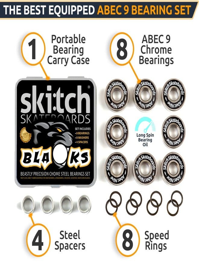 SKITCH Pro Skateboard Bearings Set - Precision Fast Spin ABEC 9 Chrome Steel Bearing Kit for Longboards, Skate Boards, Scooters and Roller Skates + Spacers + Washers + BONUS Carry Case (8-Pack, Black) - Image 3