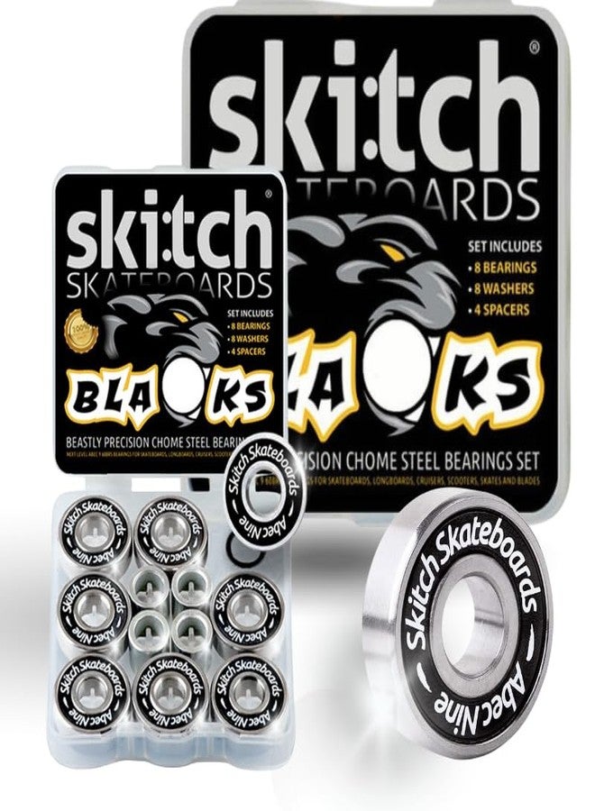 SKITCH Pro Skateboard Bearings Set - Precision Fast Spin ABEC 9 Chrome Steel Bearing Kit for Longboards, Skate Boards, Scooters and Roller Skates + Spacers + Washers + BONUS Carry Case (8-Pack, Black) - Image 1