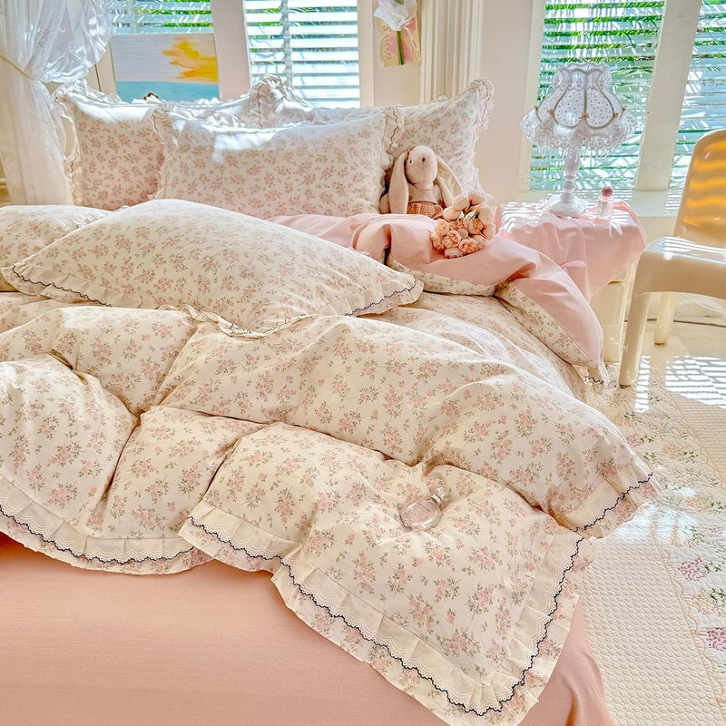 EAVD French Garden Pink Floral Ruffled Duvet Cover Queen Soft 100% Cotton Chic Cute Floral Bedding Set with Lace Trim Cottagecore Botanical Duvet Cover with Zipper Closure - Image 4