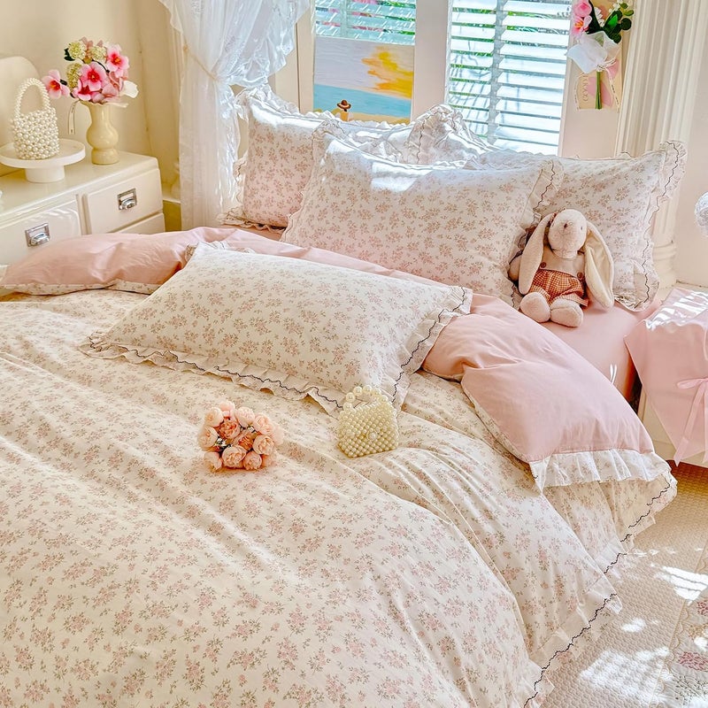 EAVD French Garden Pink Floral Ruffled Duvet Cover Queen Soft 100% Cotton Chic Cute Floral Bedding Set with Lace Trim Cottagecore Botanical Duvet Cover with Zipper Closure - Image 3