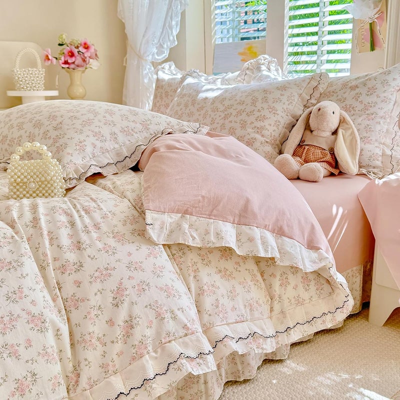 EAVD French Garden Pink Floral Ruffled Duvet Cover Queen Soft 100% Cotton Chic Cute Floral Bedding Set with Lace Trim Cottagecore Botanical Duvet Cover with Zipper Closure - Image 1