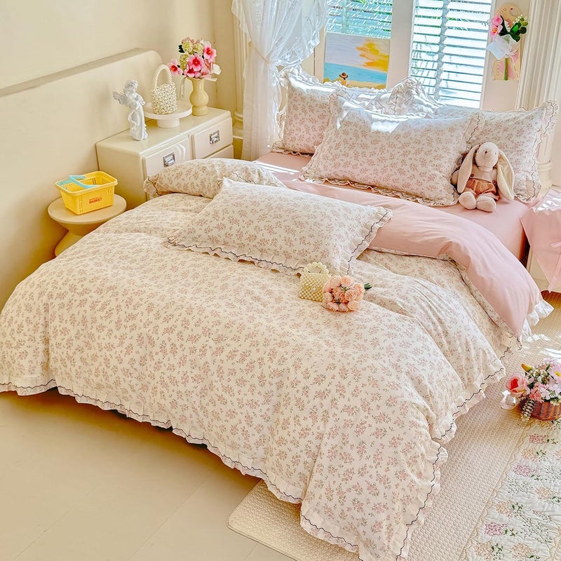 EAVD French Garden Pink Floral Ruffled Duvet Cover Queen Soft 100% Cotton Chic Cute Floral Bedding Set with Lace Trim Cottagecore Botanical Duvet Cover with Zipper Closure - Image 2