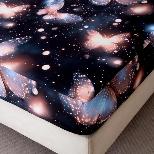 NATURETY Bedding Fitted Sheet with Deep Pocket3D Pattern Printed Fabric Bed Sheets Black Butterfly King - Image 3