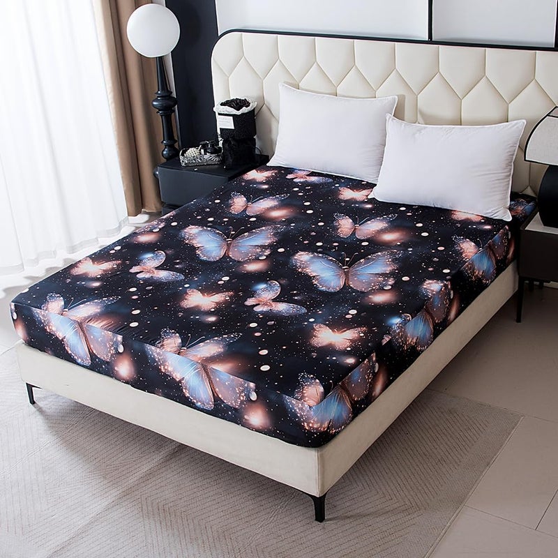 NATURETY Bedding Fitted Sheet with Deep Pocket3D Pattern Printed Fabric Bed Sheets Black Butterfly King - Image 2