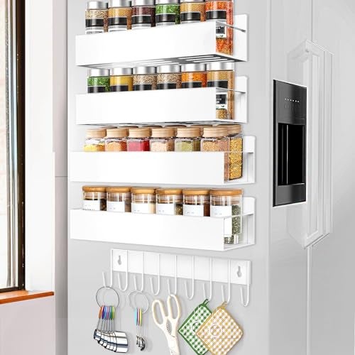 SMRCAD Magnetic Spice Rack Organizer for Fridge Seasoning Organizer for Kitchen storage with Screw Magnetic Shelf with Hook for Refrigerator and Oven (4pack1hook-White) - Image 1