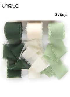 Unique Handmade Fringe Chiffon Ribbon, 3 Rolls 4cm x 5m Silk-Like Ribbon Cream Green Ribbons Set for Wedding Invitations, Bridal Bouquets, Gifts Wrapping, DIY Crafts  - Image 1